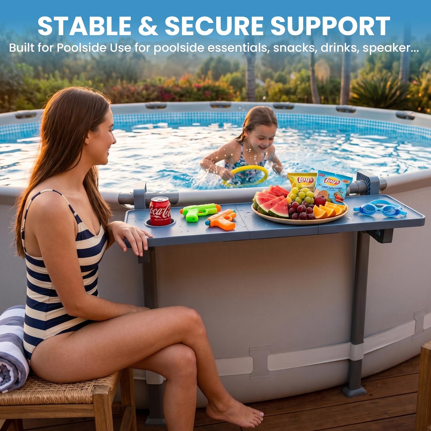Pooljoyo Poolside Bar For Above Ground Pool, Outdoor Pool Bar Table for Above-Ground Round Pool,40.5in Length Adjustable Poolside Table Pool Shelf with Pool Drink Holder, Above Ground Pool Accessories