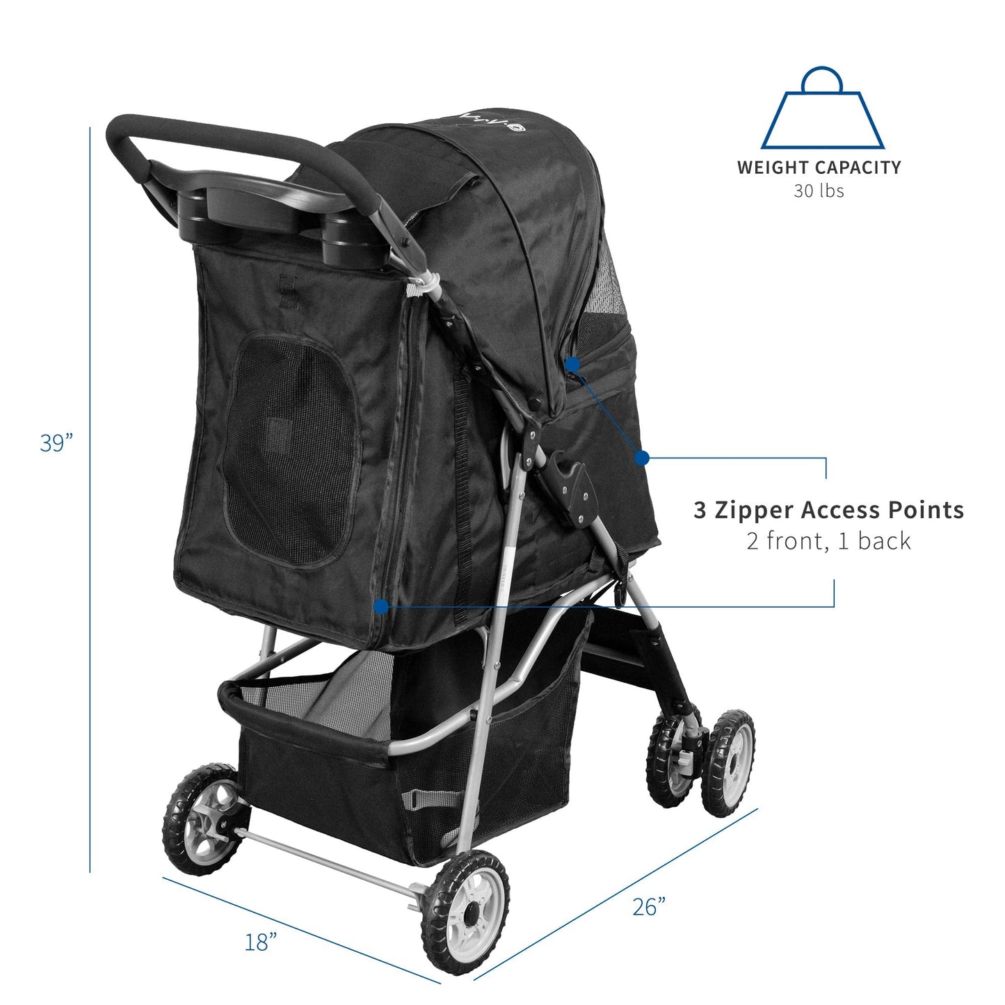 VIVO Black 4 Wheel Pet Stroller for Cat, Dog and More, Foldable Carrier Strolling Cart, STROLR-V001K