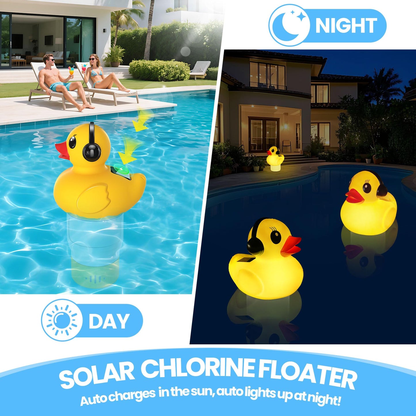 KingSom 2025 Upgraded Pool Chlorine Floater, Duck chlorine Floaters with Light, Solar Chlorine Floaters w/Adjustable Flow, Large Capacity Floating chlorines Dispenser for Pools,pool Chlorinator,Yellow
