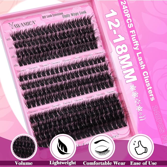 Yawamica Fluffier Eyelash Clusters Wispy Lash Extension 60D+80D+90D Thick Volume Individual Lashes D Curly 12-18mm Cluster Eyelash Extensions 240pcs DIY Lash by Self