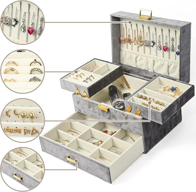 Dajasan Jewelry Organizer Box, Large Velvet Jewelry Boxes for Women Girls, Space-Saving 3 Layers Jewelry Storage Case with Drawer, Movable Metal Stand, Modern, Gift Idea (Grey)