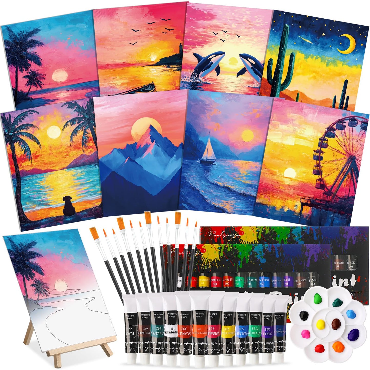 Cholemy 36 Pcs Paint and Sip Kit for Adults 8''x10'' Pre Drawn Canvas for Painting DIY Afro Acrylic Painting Kit Wood Easel Brushes Date Night Bulk for Mother's Day Party Gifts