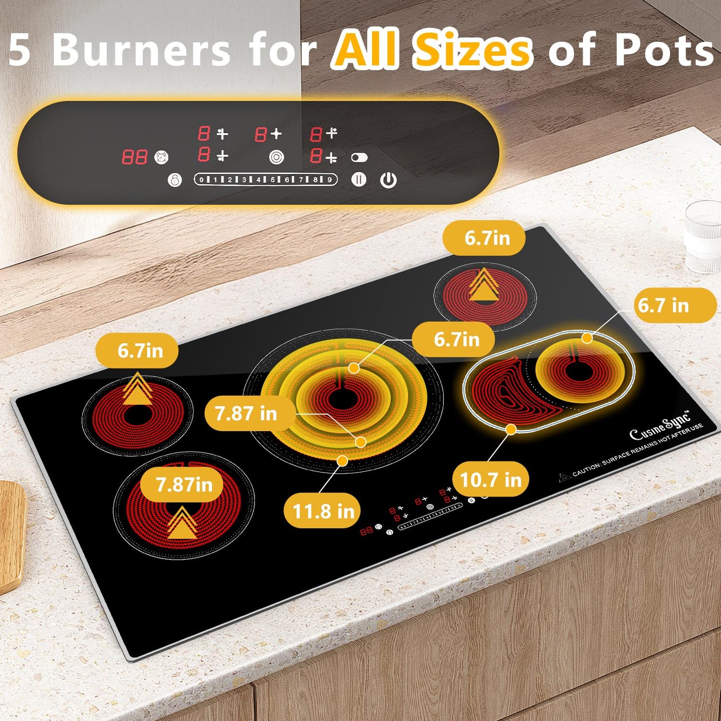36 Inch Electric Cooktop 5 Burner, 9200W Built-In Ceramic Radiant Stove Top, 240V Hardwired, Works with All Cookware, Touch Control, Timer, Child Lock, Easy Clean Glass Surface