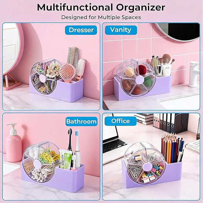 Hair Accessories Organizer for Girls, 2-Slot Hair Brush Holder & 5-Section Rotating Wheel, Cute Makeup Brush Holder for Hair Tile, Clip, Makeup Brush, Earring, Ring, Kids Vanity Accessories (Lavender)