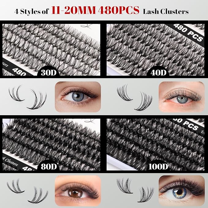 Lash Clusters 480 Clusters 60D 80D Thick Eyelash Extension 30D 40D Individual Eyelashes 11-20mm False Eyelash Multi-Style DIY Lash Extensions for Beginners(30D-80D-D, 11-20MIX)