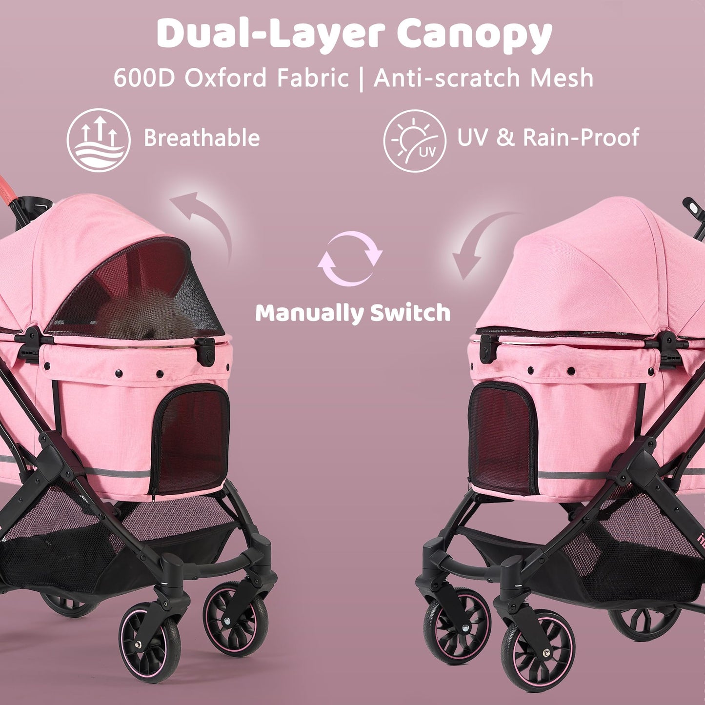 Kicari All-Terrain Dog Stroller for Small to Medium Dogs, Pet Stroller for Dogs & Cats Outdoor Walks, One-Hand Easy Fold, Double-Layer Anti-UV & Waterproof Canopy & Breathable Mesh, Sakura Pink