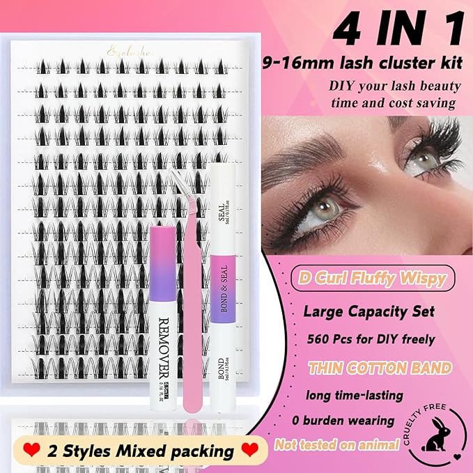 Manga Lash Clusters with Spikes, Eyelashes Clusters Kit Clear Band Lash Extension Kit D Curl Fluffy Wispy False Eyelashes with Lash Bond and Seal, Remover, Lash Tweezers (Lash Clusters Kit)