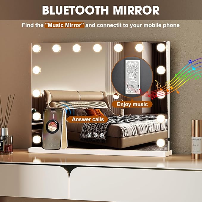 Vanity Mirror with Lights and Bluetooth, 23"X18" Hollywood Mirror for Desk/Wall-Mount, 3 Color Modes Light up Mirror with 15 LED Bulbs USB Charging Port and 10X Magnification, Gifts for Women