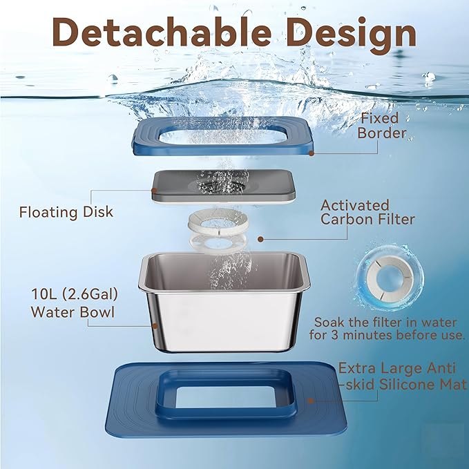 10L No Spill Dog Water Bowl, 2.6 Gal Stainless Steel No Splash Large Dog Water Bowl with Non-Slip Silicone Mat, Spill Proof Slow Drinking Pet Bowls for Messy Drinkers Indoor/Outdoor Use Blue