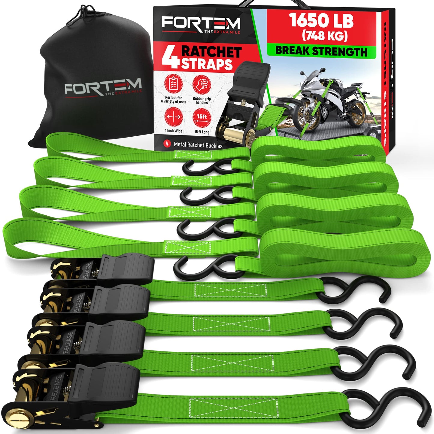 FORTEM Ratchet Straps, Tie Down Strap Set 1650lb Break Strength, 4 Pack 15ft x 1in, 4 Soft Loops, Moving Straps Tie Downs, Cargo Cam Buckles for Trucks, Carry Bag, for Men
