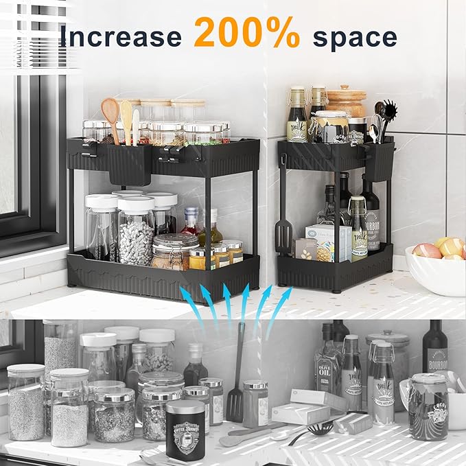 Sevenblue 2 Pack Under Sink Organizer, Under Bathroom Cabinet Organizer with Hooks Hanging Cup, Multi-Purpose Storage Shelf for Kitchen Bathroom (Black, 14.8 Inch)