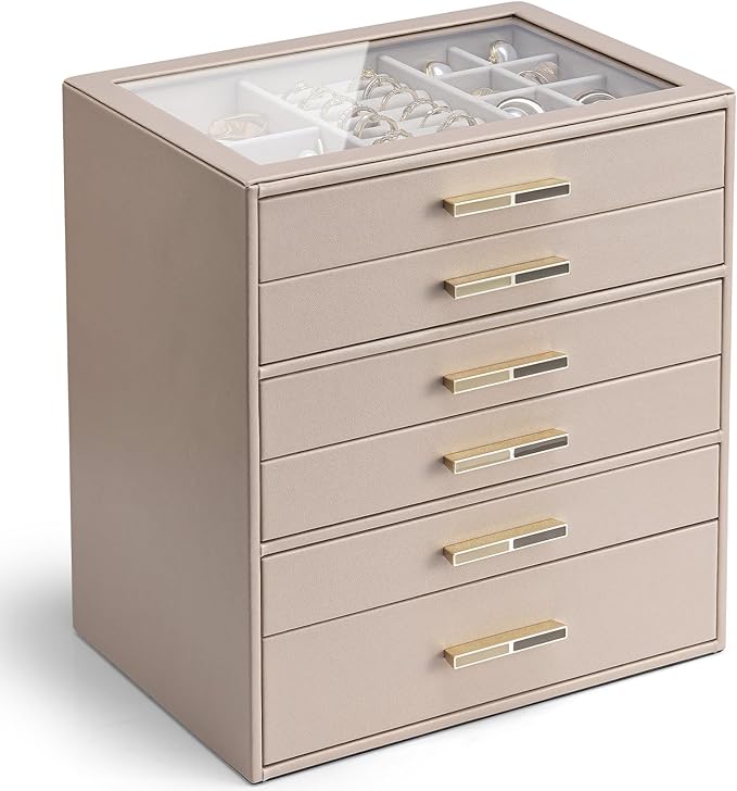 VLANDO 6 Layer Jewelry Box for Women, Glass Lid Jewelry Organizer with 6 Drawers for Necklaces Rings Earrings Bracelets - Toffee