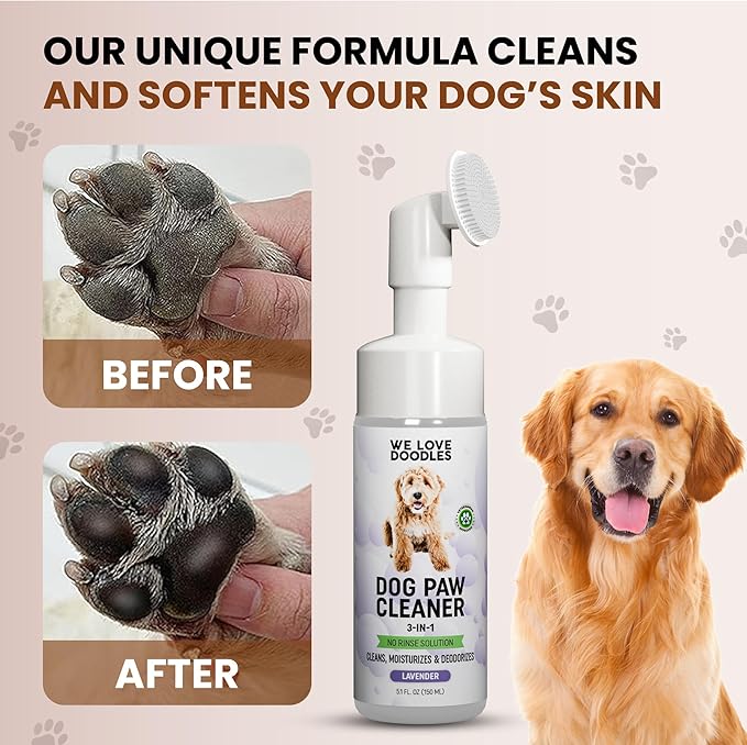 No-Rinse Dog Paw Cleaner with Built-in Silicone Bristle Brush | 3-in-1 Dirty Paw Washer Foaming Foot Cleaner for Muddy Pet Dogs & Cats | Gentle Moisturizing Waterless Shampoo - Lavender | 5 fl oz