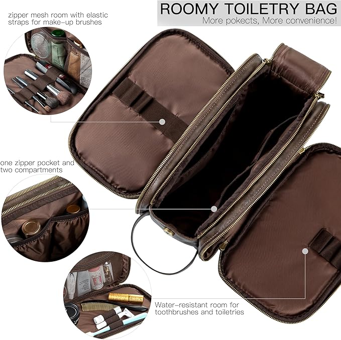 Elviros Travel Toiletry Bag for Men, Shaving Dopp Kit Water-resistant Bathroom Small Toiletries Organizer PU Leather Cosmetic Bags