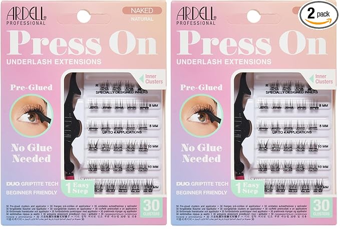Ardell Naked Press On Lashes Underlash Extensions – Pre-Glued Lash Clusters, Self Adhesive Eyelashes, No Glue Needed Eyelash Clusters, DIY Lash Extension Kit, 2 Pack