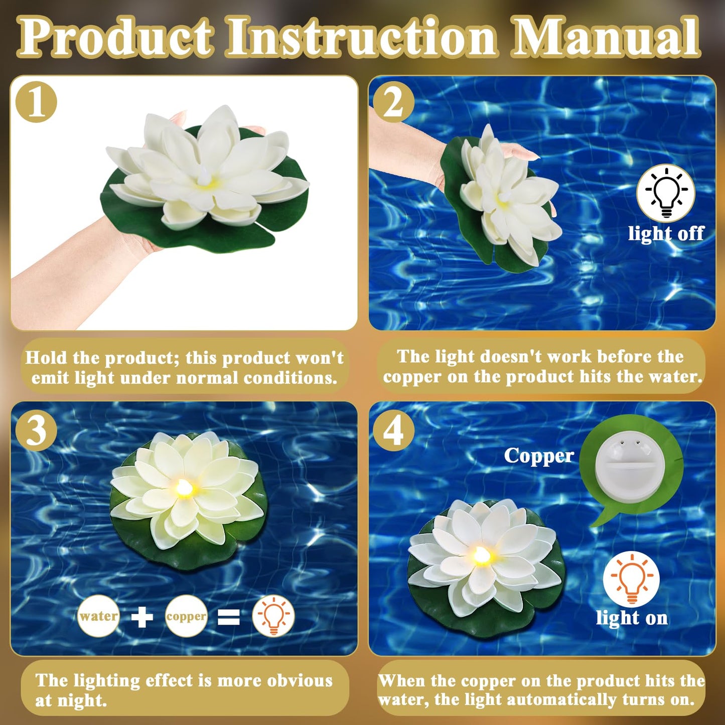 LACGO 12 PCS Waterproof Floating Lotus Light - 6'' Floating Flower Light Battery Operated Water Activated Warm White Pool Flower Lamp Wedding Anniversary Garden Decoration(6 Inch, White)