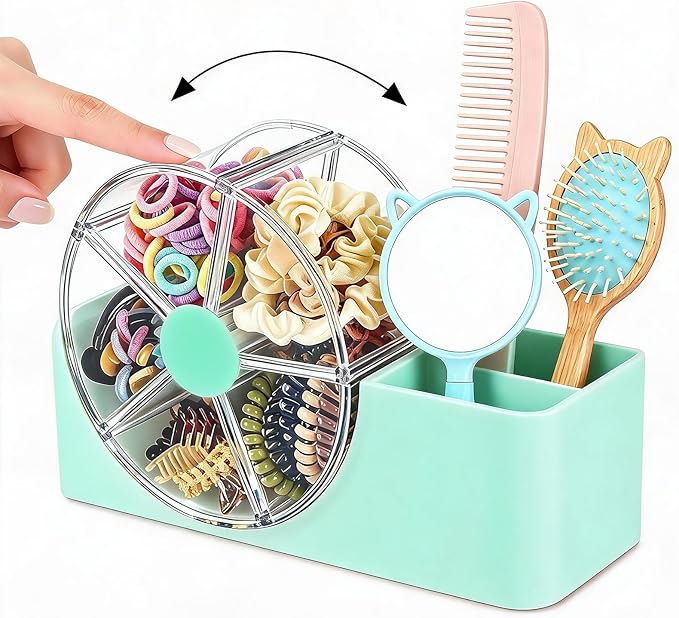 Hair Accessories Organizer for Girls, 2-Slot Hair Brush Holder & 5-Section Rotating Wheel, Cute Makeup Brush Holder for Hair Tile, Clip, Makeup Brush, Earring, Ring, Kids Vanity Accessories (Seafoam)