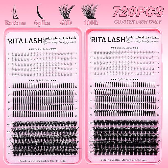 RITALASH Lash Extension Kit Cluster Lashes Kit+Bottom Lashes+Spikes Lash Clusters Eyelash Extensions with Lash Bond and Seal,Lash Remover,Lash Tweezers(60D 100D+Bottom Lashes+Spike Lash Kit)