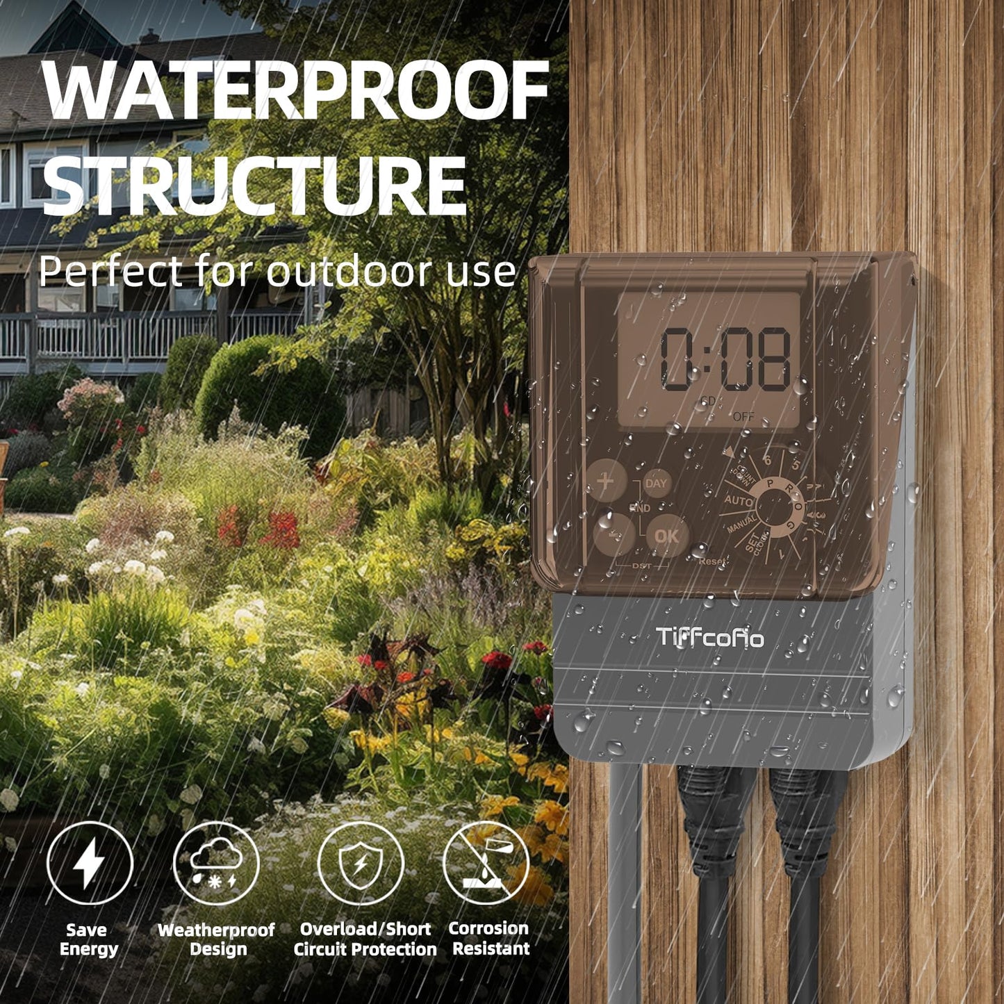TiFFCOFiO Outdoor Digital Pool Timer, Dial Programmable Method, Outdoor Timer with 2FT Extension Cord Waterproof, 2 Grounded Electrical Outlets for Lights, 6 Sets of Programs,1HP (20A)