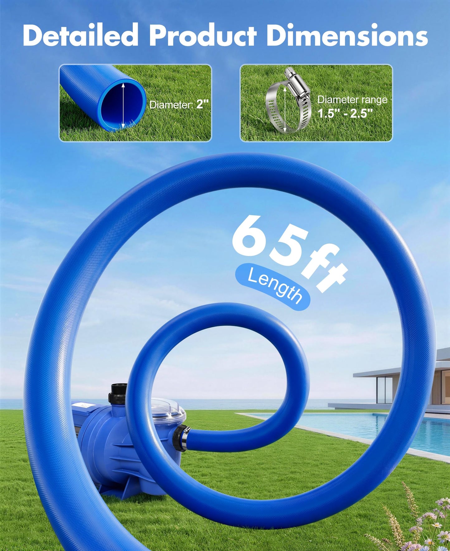 LuxBlue 2" X 65ft Pool Backwash Hose | Heavy-Duty Reinforced PVC Pool Drain Hose, UV & Burst Resistant | Flexible Lay Flat Discharge Hoses for Water Transfer, Sump Pump Drainage, with 3 Clamps