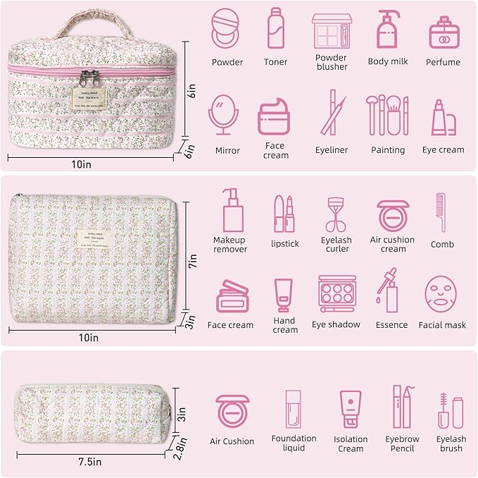 Makeup Bag Set, Portable Travel Make up Bag, Large Capacity Quilted Cosmetic Organizer Bag, Cute Floral Toiletry Bag for Women Girls (Pink Flower)