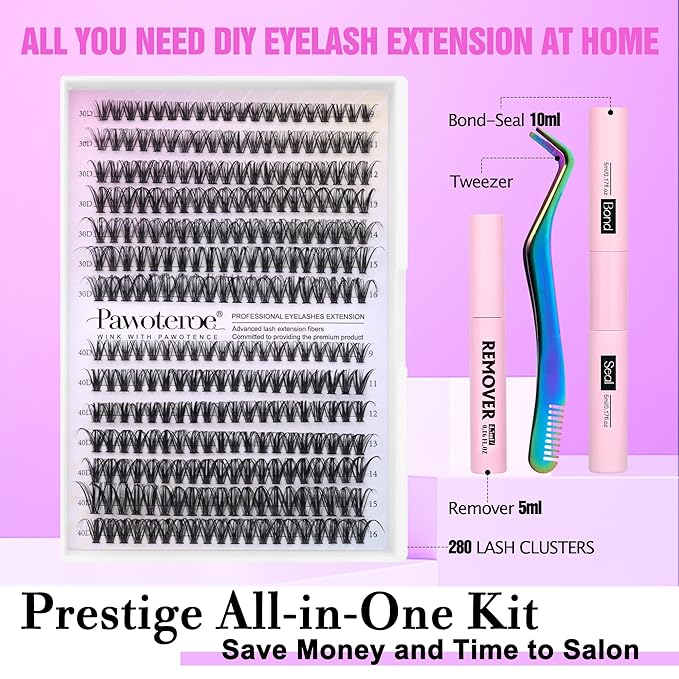 Pawotence Lash Extension Kit DIY 280pcs Individual Lash Clusters Kit 30D 40D Cluster Eyelash Extensions Kit with Bond and Seal, Remover, Tweezers for Self Use (30D&40D, 9-16mm, All Kit)