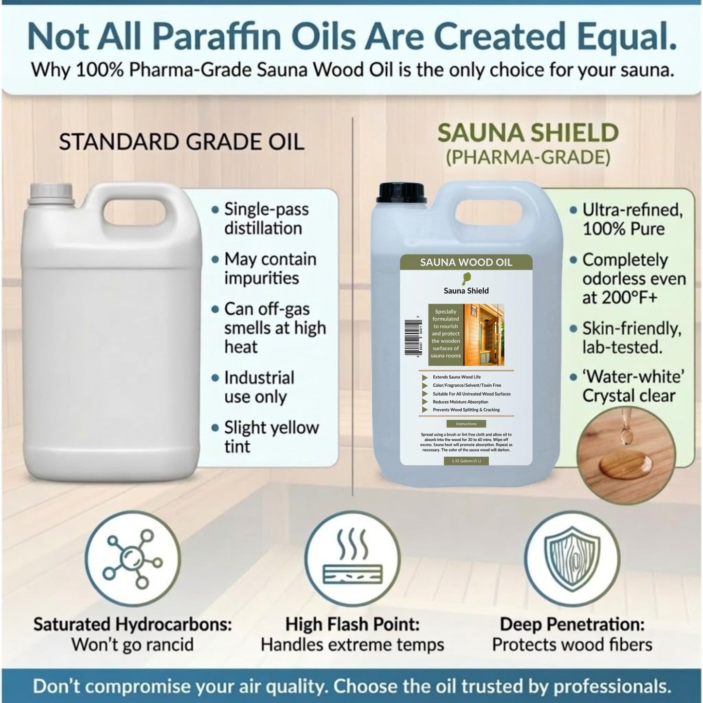 Sauna Shield Sauna Wood Oil - 1.32 Gallons - 100% Pharma-Grade Paraffin Oil | Protects & Nourishes Sauna Wood | Solvent-Free, Unscented, Covers 600+ Sq Ft | for Traditional & Infrared Saunas