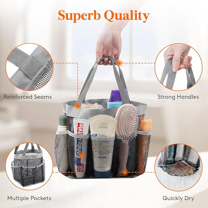 Lifewit Mesh Shower Caddy Portable for College Dorm Room Essentials with 7 Pockets, Freestanding Hanging Organizer Basket, Quick Dry Tote Bag for Camping, Bathroom, Beach, Travel, 1 Pack, Grey