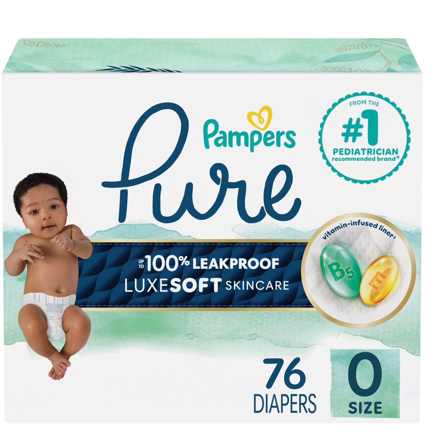 Pampers Pure Baby Diapers, Size 0 (>10 lbs), 76, Up to 100% Leakproof, Premium Hypoallergenic Soft Diapers
