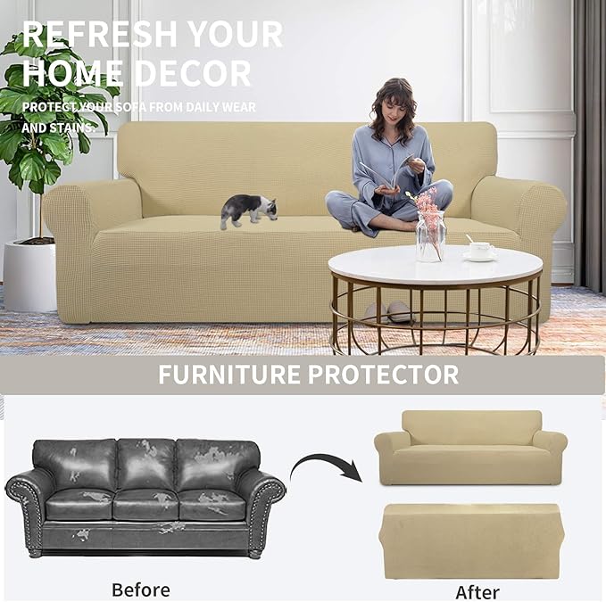 Easy-Going Stretch Oversized Chair Sofa Slipcover 1-Piece Couch Sofa Cover Furniture Protector Soft with Elastic Bottom for Kids Spandex Jacquard Fabric Small Checks Beige