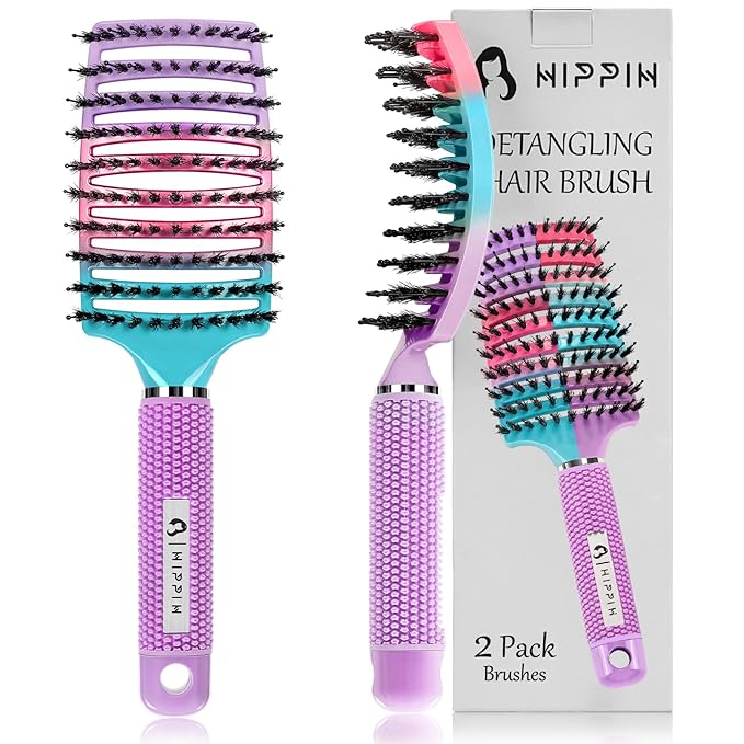 Boar Bristle Hair Brush Set of 2, HIPPIH Wet & Dry Hair Brushes Made by Fine Natural Boar Hair Can Adds Shine and Smoothing, Detangling Hairbrush for Women, Men & Kids' Long Curly Thick Hair