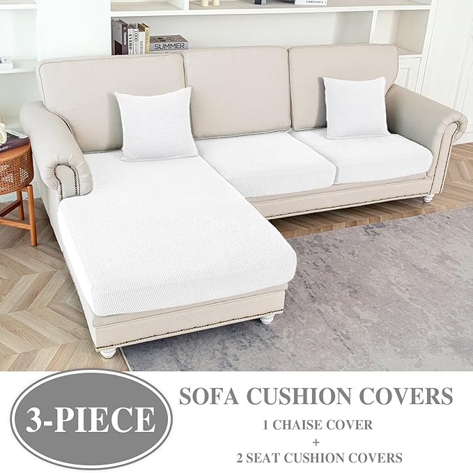 Couch Cushion Covers for Sectional Sofa L Shape Washable Separate Seat Chaise Couch Cover Stretch Sofa Slipcovers with 2 Pcs Pillowcases(2 Seater + 1 Chaise, White)