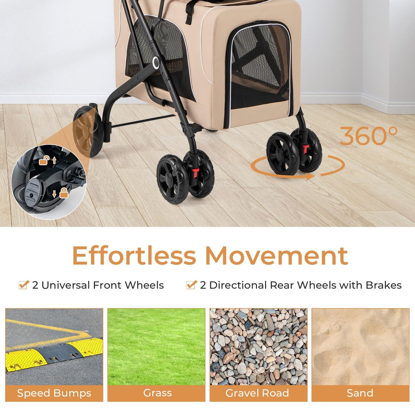 HAPPAWS 4-in-1 Double Pet Stroller with 2 Detachable Carriers, Foldable Dog Cat Travel Stroller for Small Medium Pets, Travel Cat Bag with Safety Belt & Lockable Wheels, Beige
