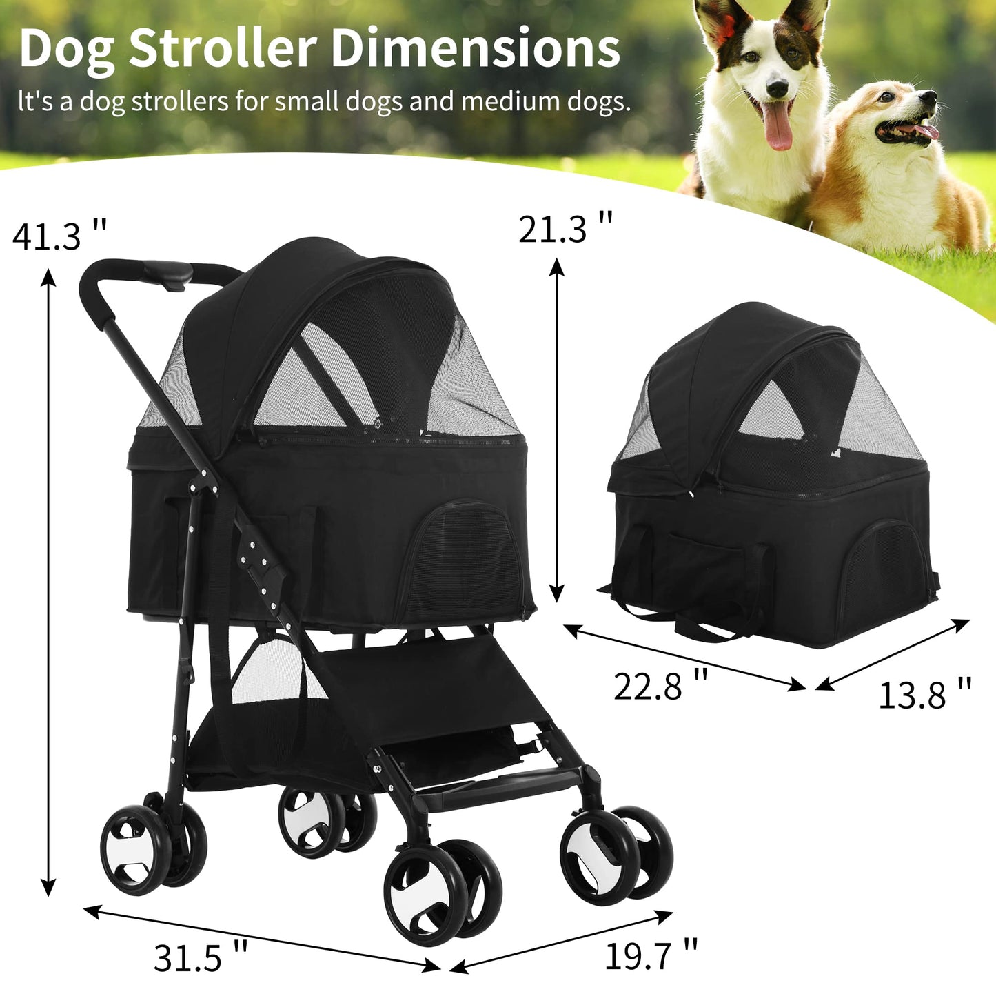BLKMTY Dog Stroller 3-in-1 Folding Pet Stroller 4 Wheels Cat Strollers w/Storage Basket Dog Carrier Trolley One-Button Switch Travel Strollers with Safety Belt Detachable Carrier, Black
