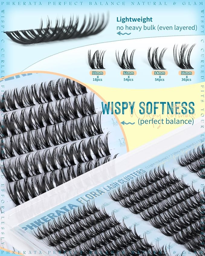 PHKERATA Flora Lash Clusters Wispy Eyelash Clusters 162pcs Natural Cluster Eyelash Extensions Ultra-thin Band Cluster Lashes C Curve Lash Extension DIY Soft Individual Lashes, 10-16mm
