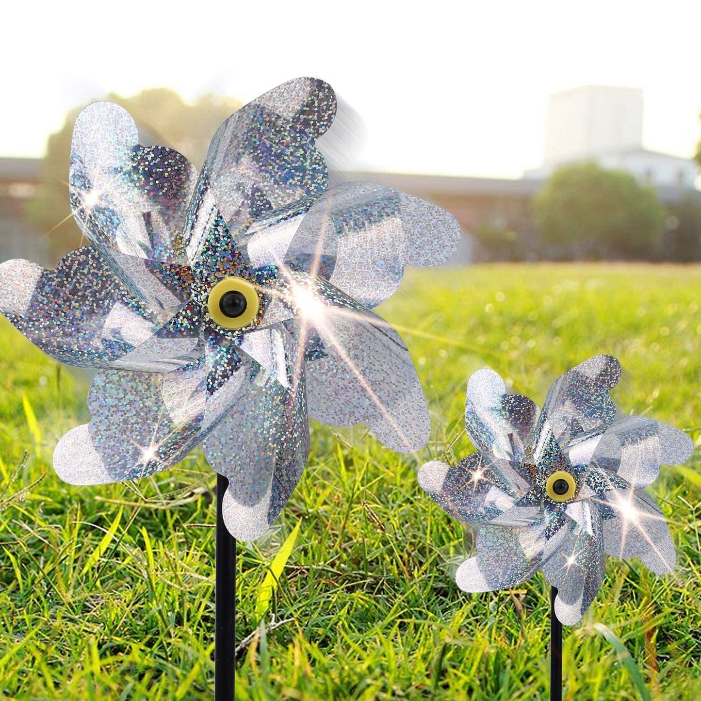 BATTIFE Reflective Pinwheels for Yard and Garden, Pre-Installed Sparkly Blind Birds Pin Wheel, Scare Birds & Animal Away Wind Spinner, 10 Pack (Silver)