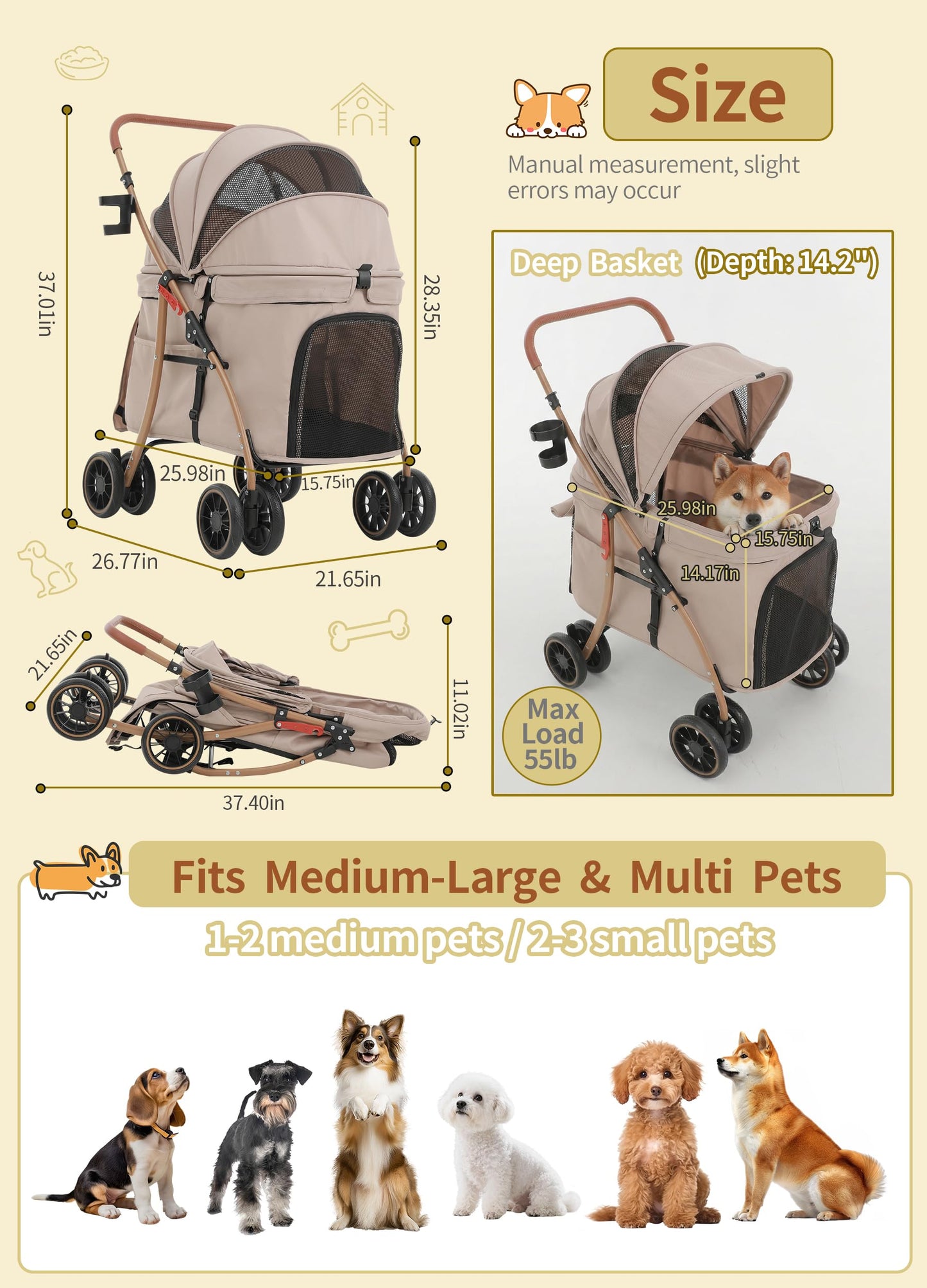 MILA&LOUIS Low-Profile Large Space Pet Stroller for Medium & Small Dogs, Suitable for Multi-Pet and Senior Dogs, 55lbs Max Load, 360° Swivel Front Wheels, One-Touch Foldable Design with Rear Brake