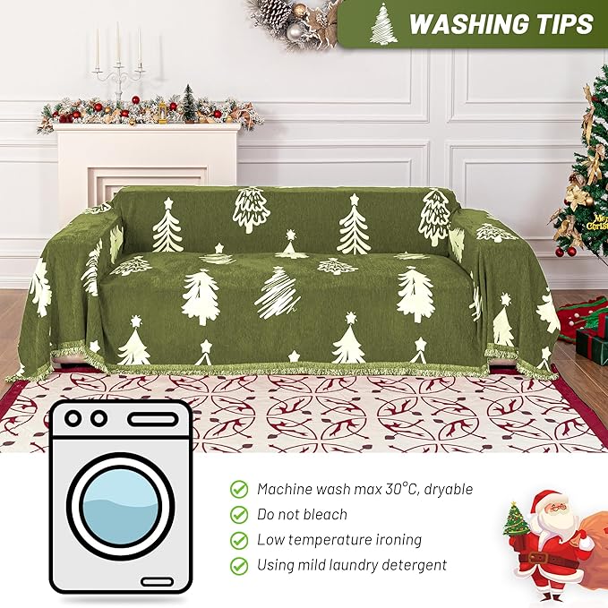 MYSKY HOME 71"X118" Loveseat Christmas Couch Cover, Sectional Sofa Covers Sofa Slipcover for 2 Cushion Couch, L Shape Couch Covers for Dogs, Kids, Washable Sofa Blanket, Furniture Protector, Green