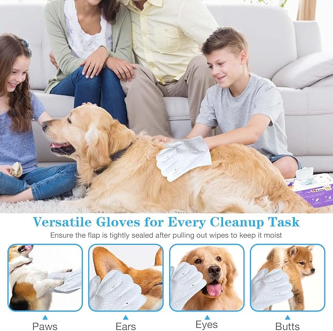 Dog Cleaning Gloves Wipes 15pcs Deodorizing Disposable Pet Grooming Bathing Gloves Extra Thick, No Rinse Shampoo Dry Cleaning Gloves for Dogs & Cats Paw Face Ear Fur and Butt