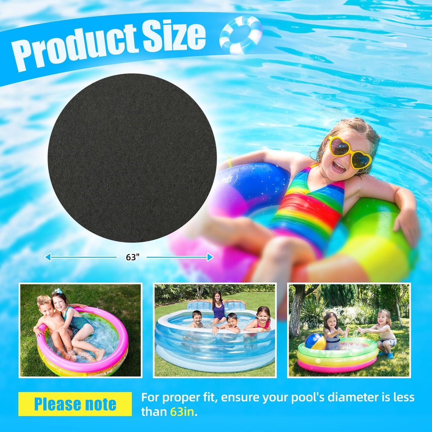Whmayai 63in Round Pool Liner Pad for Pet Foldable Pool & Kids Inflatable Pool, 9.87oz/yd² Heavy Duty Ground Mat for Dog Pool Collapsible, Kiddie Pool Bottom Protector to Prevent Puncture (63Inch)