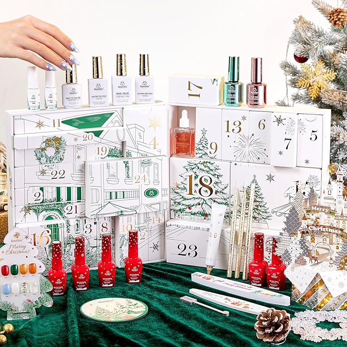 beetles Gel Polish Merry Glitzmas 2025 Gift Box – Nail Art Set with Mini LED Nail Lamp Base Top Coat and Festive Holiday Surprises Gifts for Women Girls