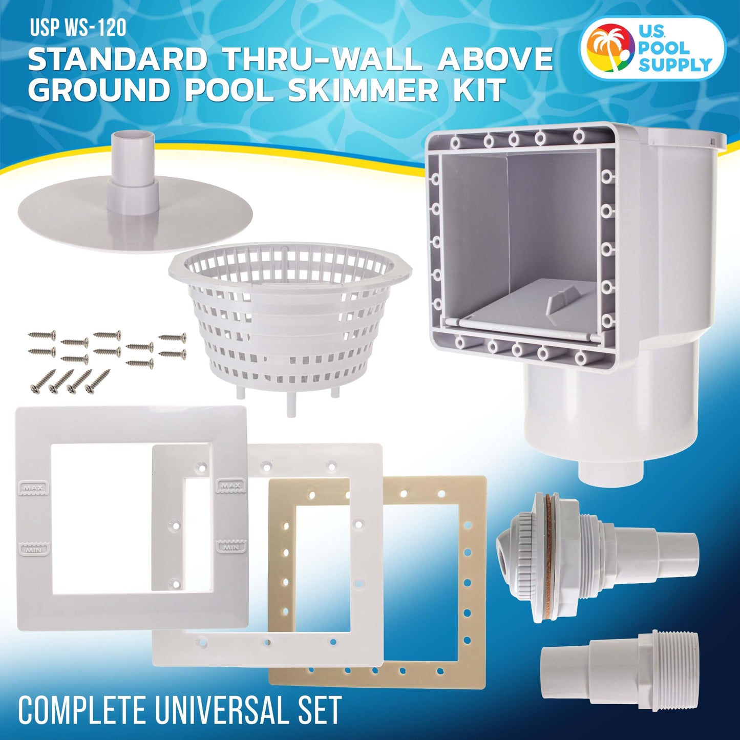 U.S. Pool Supply Standard Thru-Wall Above Ground Pool Skimmer Kit - ABS Construction, Complete Universal Set, Return Fitting, Vacuum Plate, Leaf Basket - Replacement Compatible with SP1091LX Skimmer