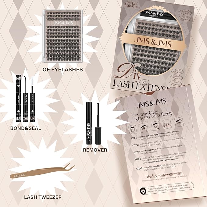 JMS&JMS DIY Lash Clusters Kit Fluffy Lash Extension Kit D Curl Eyelash Kit with Lash Bond and Seal, Lash Remover, Lash Tweezers at Home(JMS03-8-18mix)