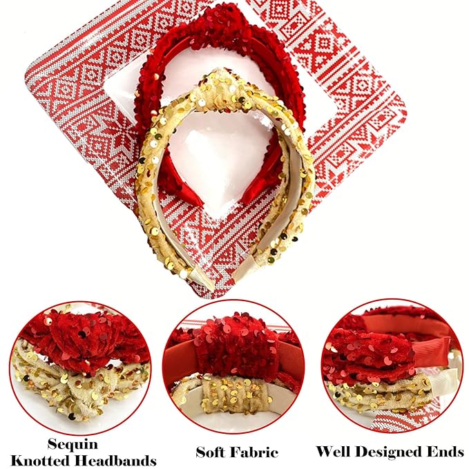 Christmas Knotted Headbands for Women Girls Non Slip Toddler Girl Sequin Headbands Wide Top Knot Head Bands Velvet Hairbands Fashion Hair Accessories for Girl (Red & Gold, 2Pcs)