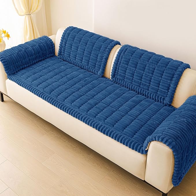 hyha Couch Covers for Dogs Washable, Non Slip Plush Dog Sofa Protectors, Fuzzy Pet Couch Covers for 3 Cushion Sofa Pet Friendly (Navy Blue, 27.6" x 47")