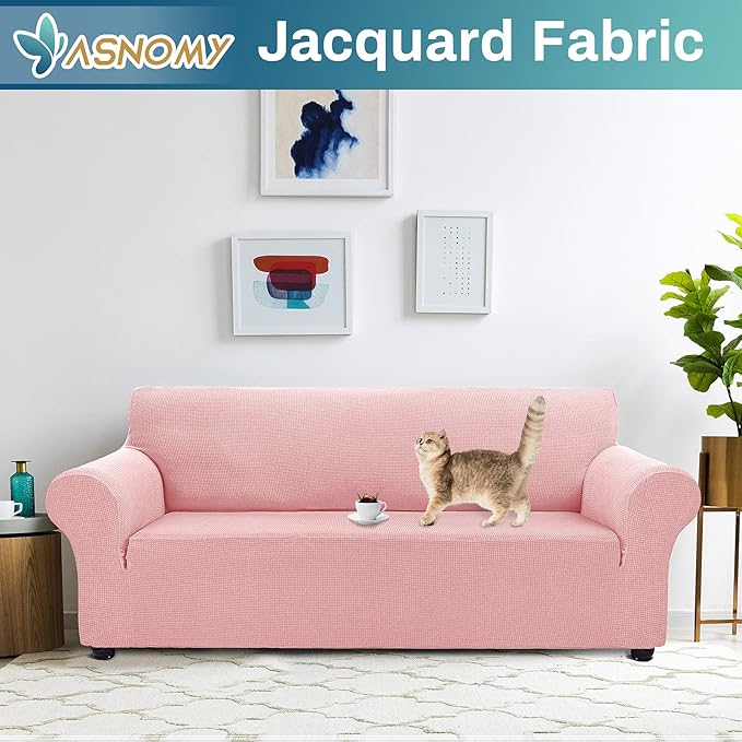 Asnomy Couch Covers for 3 Cushion Couch Stretch Sofa Covers Slipcovers, Pet Protector Furniture Covers for Dogs Cats Spandex Jacquard Fabric Small Checks （Large，Pink）