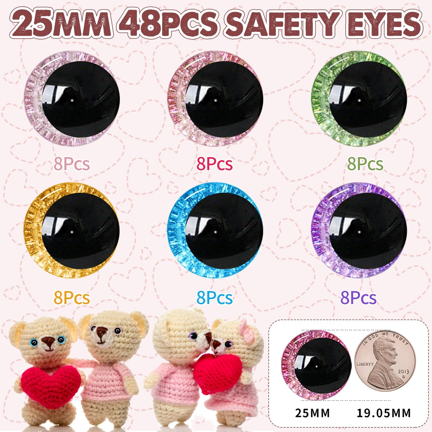 MUCUNNIA 96pcs 25mm 3D Glitter Safety Eyes for Crocheting with Washers Moon Crochet Amigurumi Eyes for Crochet Animals Craft Eyes Doll Eyes Stuffed Crochet Eyes for Crafts Gift for Crochet Lovers