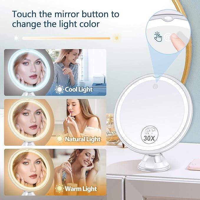 Magnifying Mirror with Light 30X, Lighted Makeup Mirror 30X for Precision Makeup, 3 Color Modes and Adjustable Brightness, 360° Swivel Magnifying Mirrors Suction Cup for Bathroom 8 Inches
