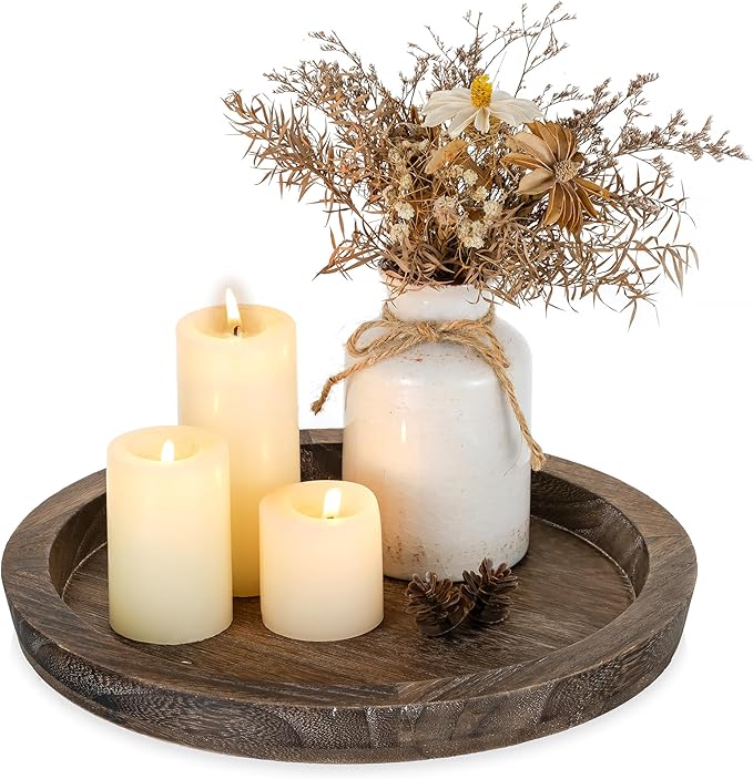 Romadedi Farmhouse Wooden Candle Tray - 11 Inch Round Decorative Trays for Coffee Table Dining Centerpiece Kitchen Counter Candle Holder Wood Trays for Christmas Rustic Home Decor