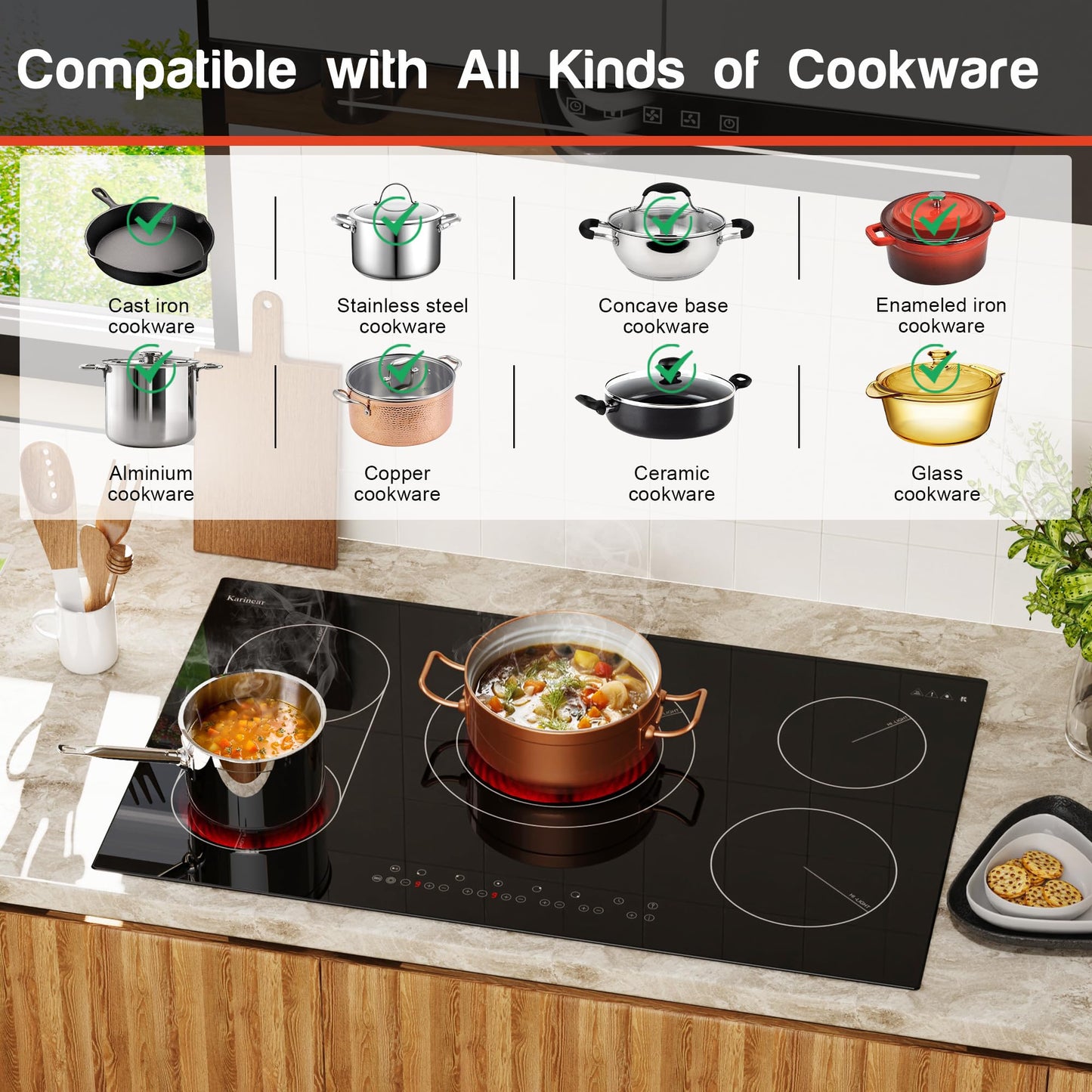 Karinear 36 Inch Electric Cooktop, Flexible Bridge &Triple Ring Expandable Burners, Pause, Timer, Child Safety Lock, 9600W Built-in Ceramic Cooktop